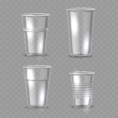 Set of Transparent Plastic Cups with Different Designs - Vector