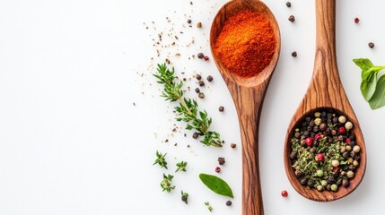 Aromatic spices and herbs in wooden spoons