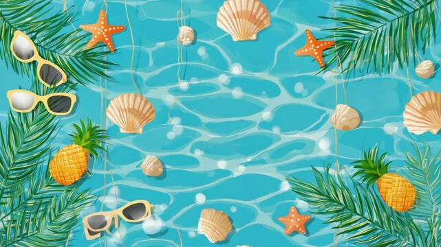 Tropical summer scene with seashells and sunglasses.