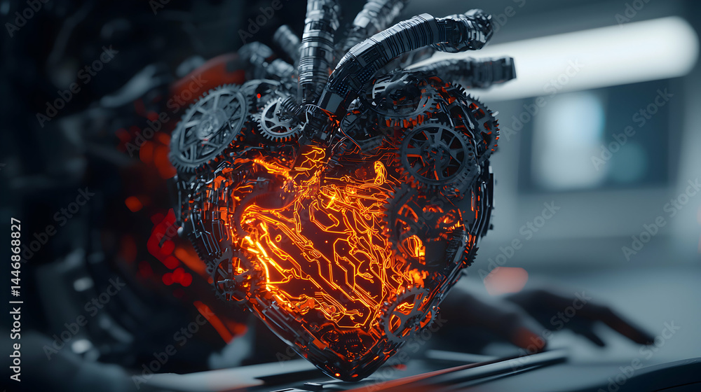 Poster a futuristic heart concept composed of intricate gears circuits and glowing elements. it symbolizes 