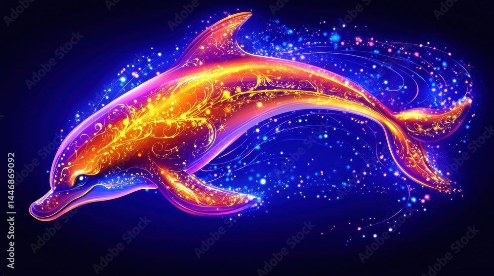 Poster a vibrant and luminous digital dolphin leaps from a deep blue space creating a stunning visual exper