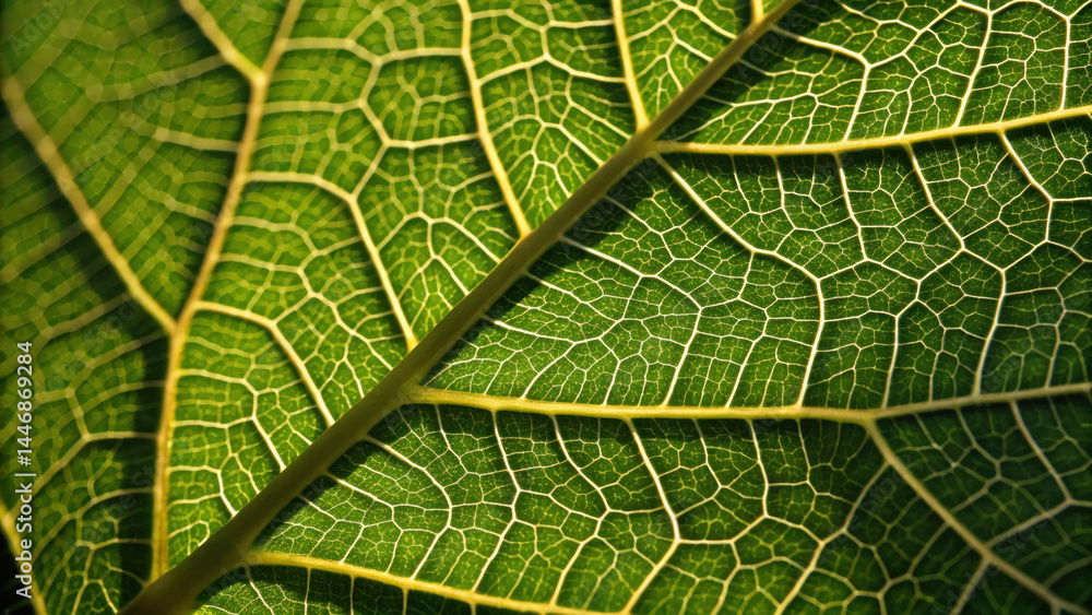 Poster close up view of leaf showcasing intricate vein patterns and textures illuminated by light, creating
