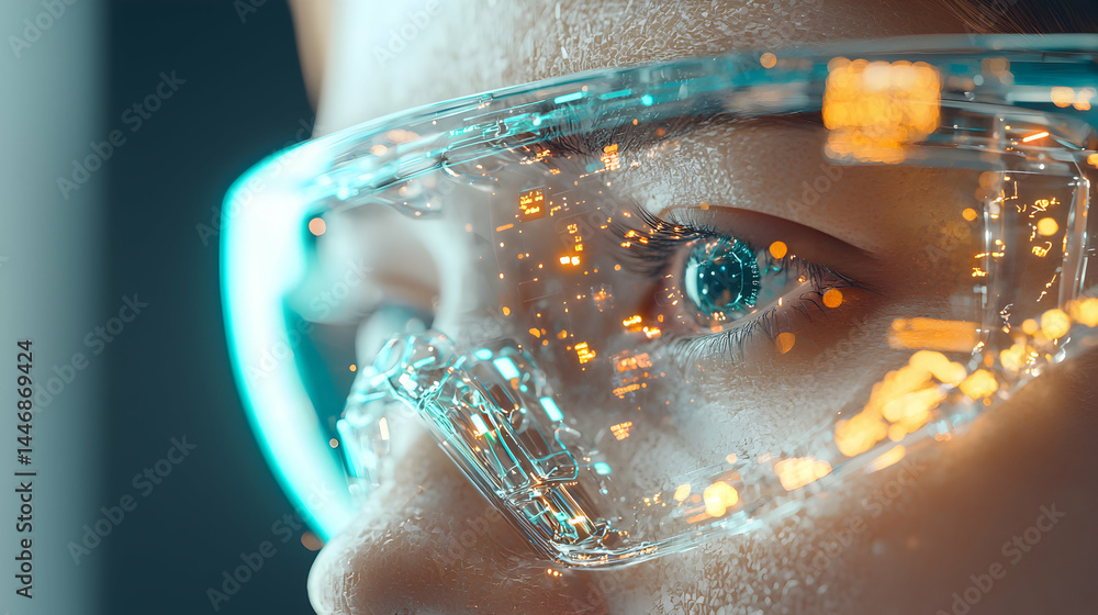 Poster futuristic eye technology with digital displays and smart glasses. ideal for advanced data visualiza