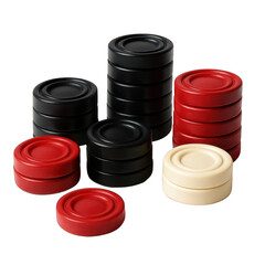 Stacks of smooth, colored game tokens, showcasing red, black, and cream checkers for strategic board play.