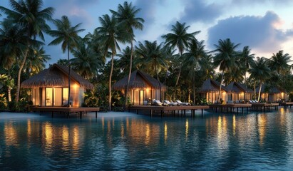 Idyllic overwater bungalows at sunset, reflecting in calm waters