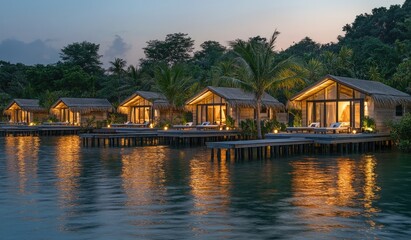 Obraz premium Overwater bungalows illuminated at dusk, reflecting on calm water