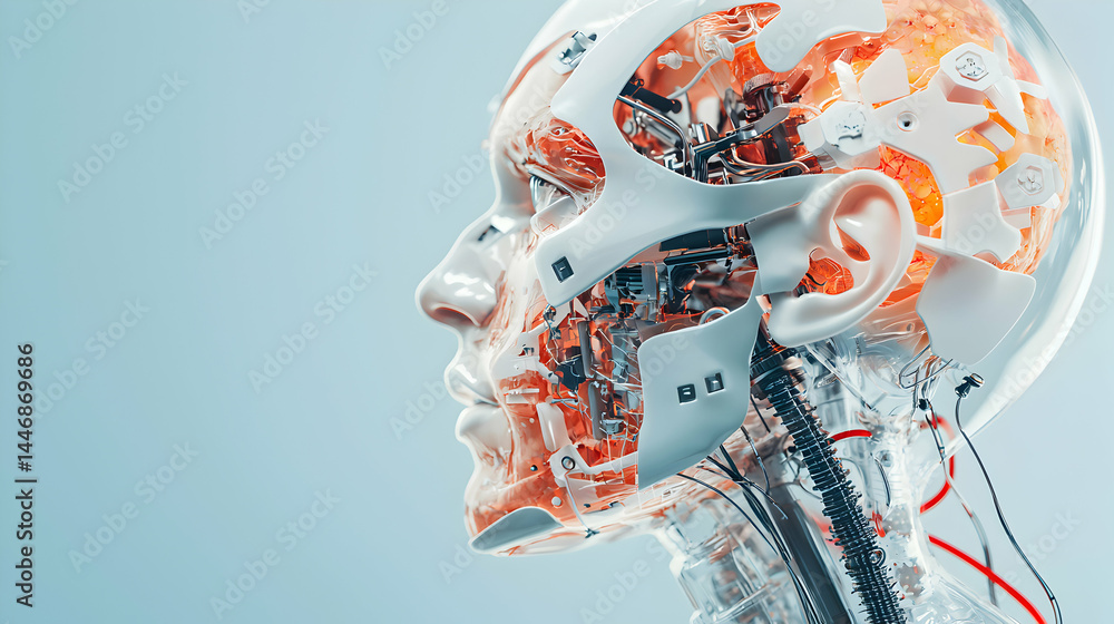 Poster this image depicts a transparent robotic head with visible internal mechanisms. it's perfect for ill