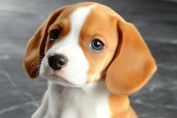 sad basset hound puppy on soft grey