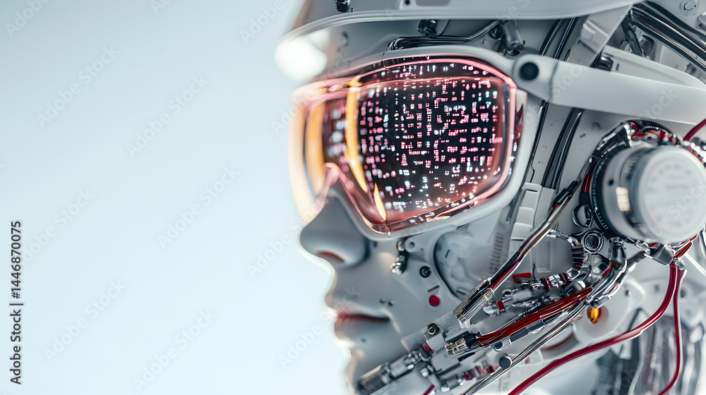 Poster a futuristic robot head displays data through its visor. ideal for tech industry articles or sci-fi 