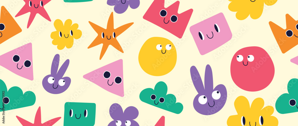 Poster set of colorful funny shape element seamless pattern vector. collection of cartoon characters, cute 