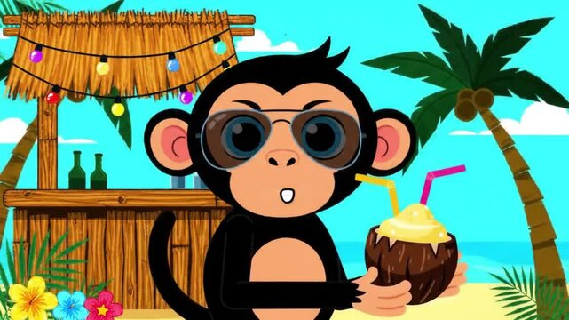 Playful Monkey Beach Party Cartoon
A vibrant vector illustration and looped animation of a baby monkey enjoying a beach party in a tropical setting. Featuring a cartoon style monkey sipping a banana 