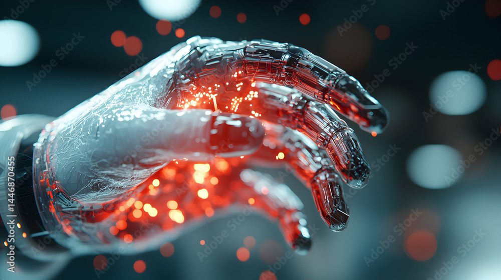 Poster a futuristic robotic hand with glowing details. use it for sci-fi designs or technology projects sho