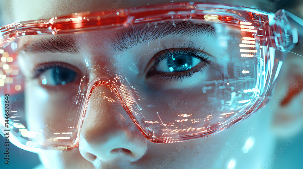 Poster a futuristic image showcases a person wearing high-tech glasses displaying data. this suggests appli