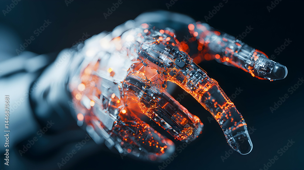 Poster a futuristic robot hand illuminated with glowing circuits suggesting advanced technology. ideal for 