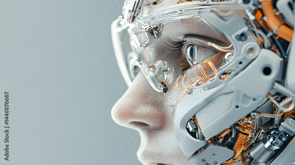 Poster a futuristic cyborg's face with mechanical components intertwined with human features. great for sci