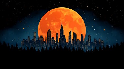 City skyline illuminated by a full moon