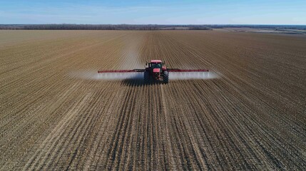 Aerial view of tractor spraying crops in large farm field