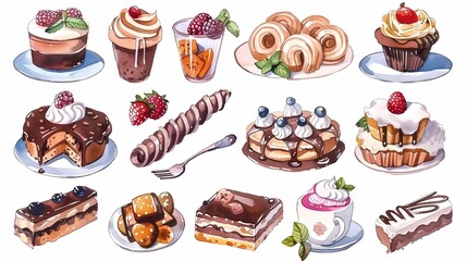 A variety of illustrations of German sweets for cafe menus, Generative AI illustrations.