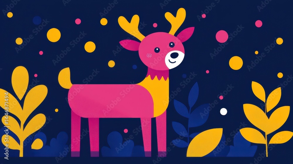 Poster whimsical pixeled reindeer in a stylized forest backdrop with playful colorful elements perfect for 