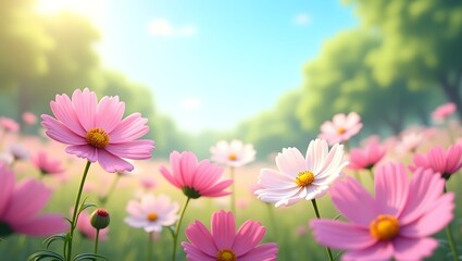 A dreamy wide-angle shot of a blooming flower field filled with pink and white cosmos flowers under a clear blue sky