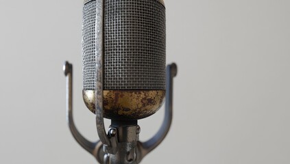 Vintage microphone close-up; aged, metallic finish,  gridded head, shock mount