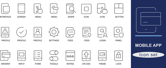 Mobile app icon set. Modern line icons representing essential mobile app UI elements. Perfect for app development, interface design, UX projects, and responsive app layouts.
