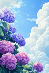 Hydrangea blossoms under a vibrant sky