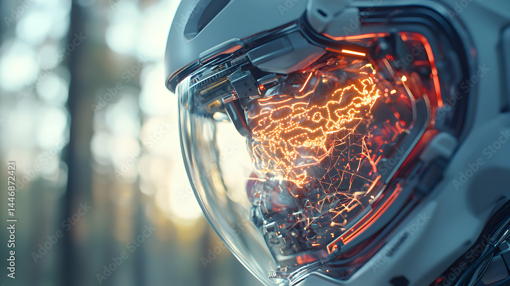 Poster futuristic helmet displays glowing circuitry inside a transparent visor. perfect for sci-fi art or g