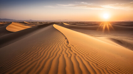 Naklejka premium Expansive desert landscape at sunrise. Vast dunes stretch out under a bright sun