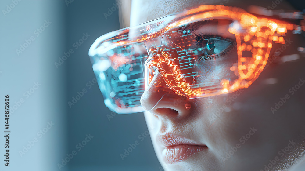 Poster futuristic technology visualization of augmented reality glasses. ideal for science fiction projects