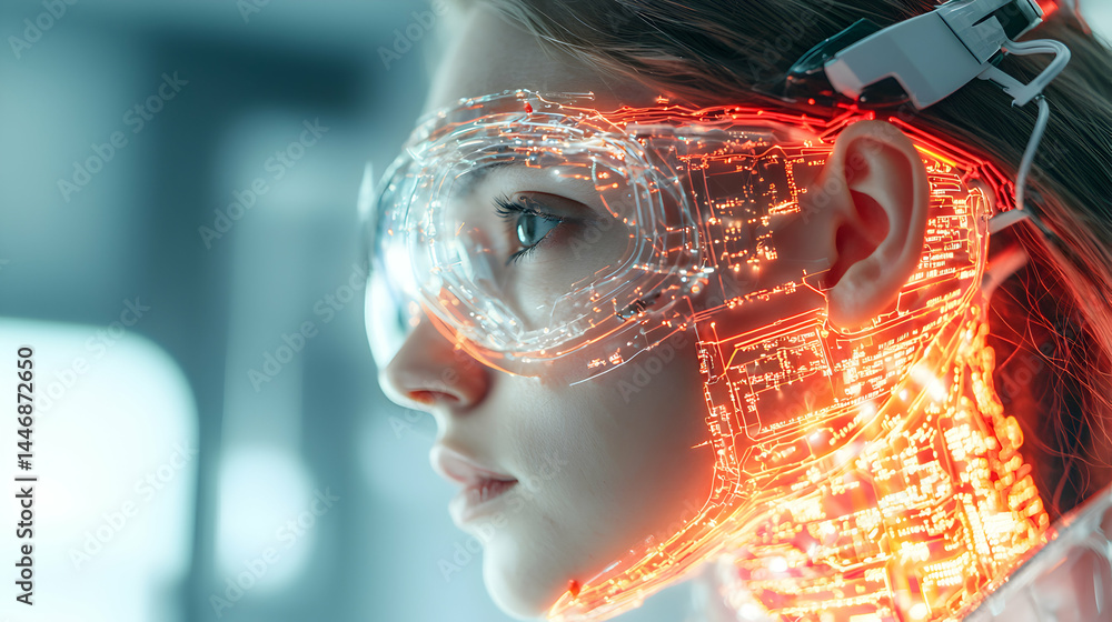 Poster a futuristic depiction of technology integration. suggests advanced medical or augmented reality app