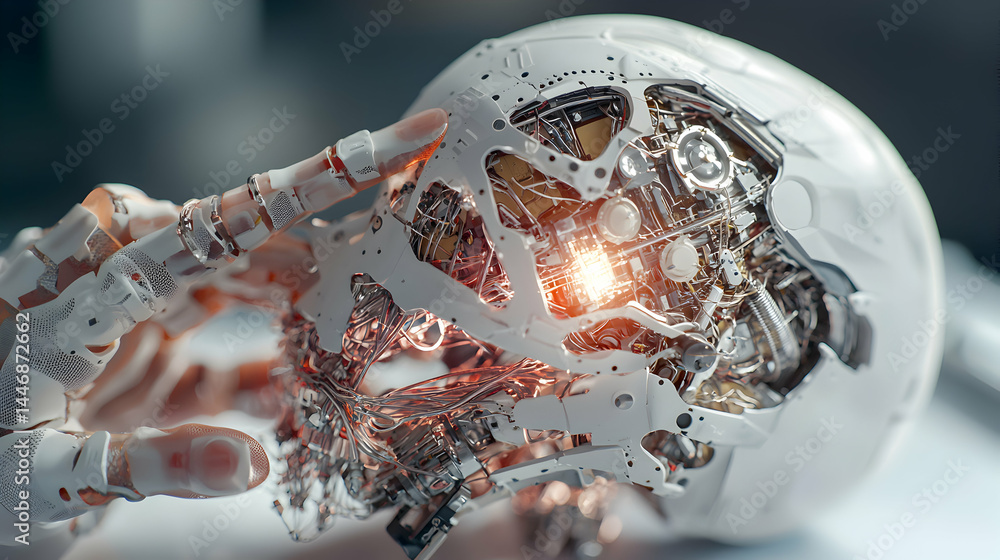 Poster a futuristic robot skull with exposed internal mechanisms. suggests advanced technology and the pote
