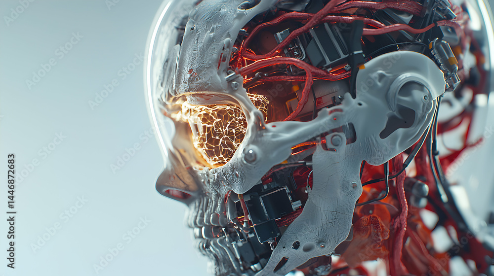 Poster a cyborg skull reveals glowing energy and intricate tech. ideal for futuristic sci-fi concepts or te