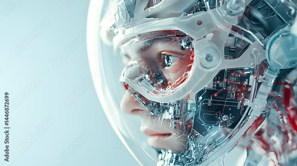 Poster a futuristic cyborg with a transparent helmet. suitable for sci-fi concepts artificial intelligence 