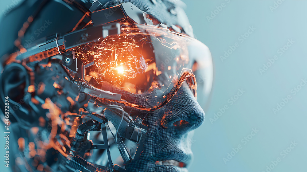 Poster futuristic cyborg head with glowing internal components and vr glasses. use it for sci-fi projects o