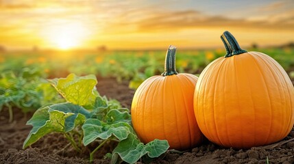 Vibrant Orange Pumpkins Surrounded by Green Leaves at Sunset