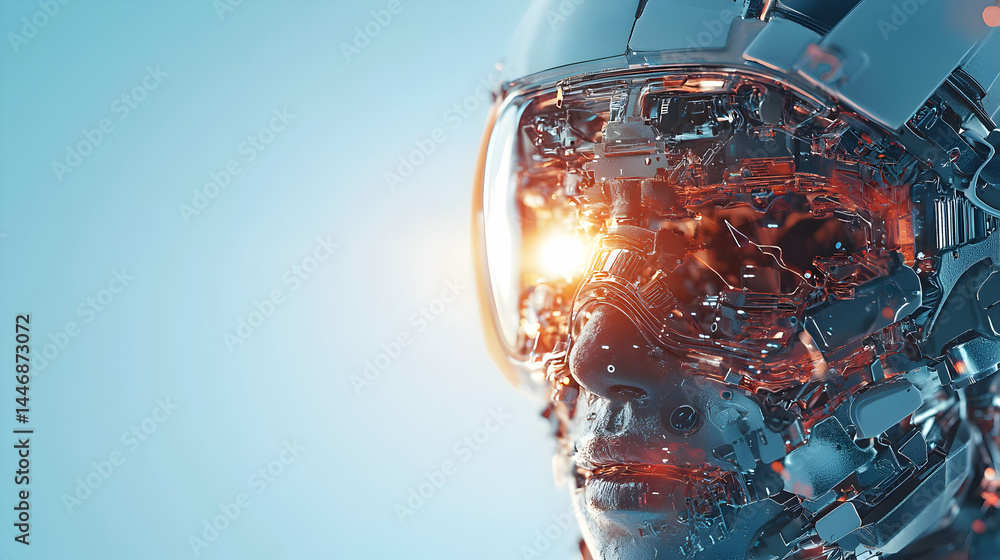 Poster a futuristic cyborg face is shown with intricate internal machinery and a glowing light suggesting a
