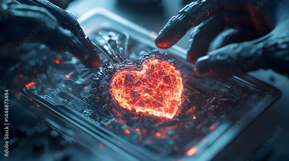 Aufkleber futuristic image of a glowing heart surrounded by robotic hands representing technology. suitable fo