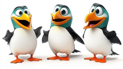 Naklejka premium Three cartoonish penguins standing cheerfully, showcasing a blend of lighthearted design and whimsical animation with vibrant colors and expressions