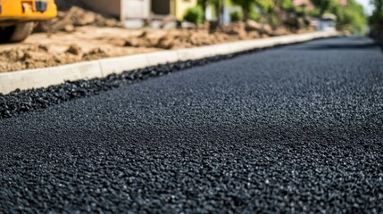 Freshly paved road with asphalt and concrete curbs, black grainy surfa