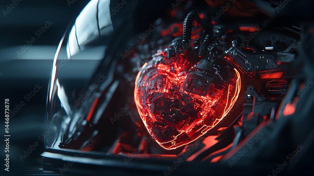 Aufkleber a futuristic glowing mechanical heart embedded in technology. suggests concepts of cyborgs or advanc