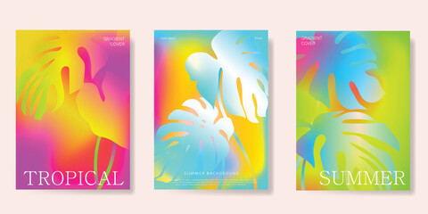 Abstract colorful gradient summer card background set. Minimalist poster with flower and foliage. Modern summer and spring wallpaper design for home decoration, website, banner, ads.