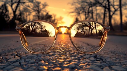A glasses reflecting the road ahead, with an endless horizon and trees in focus, Generative AI illustrations.
