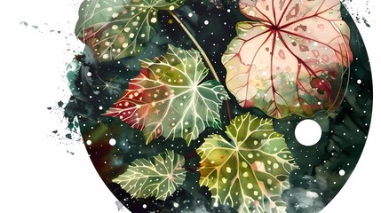 A round astronomical chart, abstract watercolor shapes of green and burgundy, centered polka dot  leaves, nature, white background, Generative AI illustrations.
