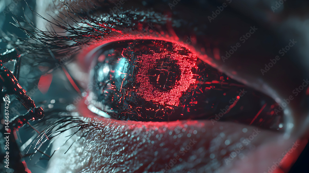 Poster a cyborg eye glows red with intricate circuitry. suggesting advanced ai or augmented reality. perfec