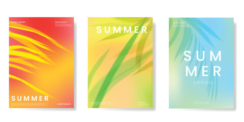 Abstract colorful gradient summer card background set. Minimalist poster with flower and foliage. Modern summer and spring wallpaper design for home decoration, website, banner, ads. © babeer