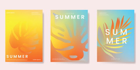 Abstract colorful gradient summer card background set. Minimalist poster with flower and foliage. Modern summer and spring wallpaper design for home decoration, website, banner, ads. © babeer