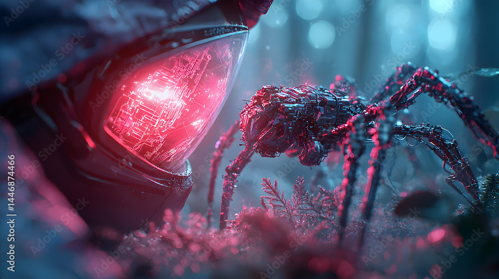 Poster cybernetic spider in a forest scene. the image showcases a fusion of nature and technology with a fu