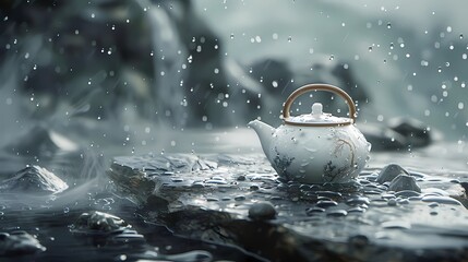 The condensed water droplets, there is a white teapot on the stone platform in the mountains, Generative AI illustrations.