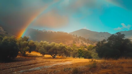 A landscape of a valley with the morning sun shining through the water occur rainbow, Generative AI illustrations.  
